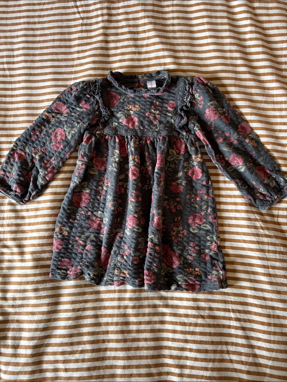 Girls' Dark Gray Floral Long-Sleeve Casual Dress with Pink Roses